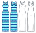 Tank Top Dress technical fashion illustration, striped design. Jersey maxi Dress fashion flat technical drawing template, slim fit
