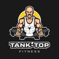 Tank Top Fitness Mascot Logo. Bald Man Vector Template Design.