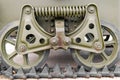 Tank tracks. Tank of the Second World War. Track armor close-up. Black track link and large rubberized rollers. Tank chassis. The Royalty Free Stock Photo