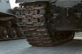 Tank tracks. A tank of the second world war. Caterpillar armored closeup shot. Black track link and large rubber-coated Royalty Free Stock Photo