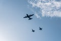 Tanker aircraft refuelling in flight two jet fighters Royalty Free Stock Photo