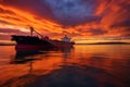 a tanker awaits unloading at an open sea terminal, sunset with bright colors and scattered clouds, Generative AI