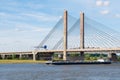 Tanker and Martinus Nijhoff Bridge, Waal river near Zaltbommel, Royalty Free Stock Photo