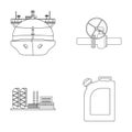 Tanker, pipe stop, oil refinery, canister with gasoline. Oil industry set collection icons in outline style vector Royalty Free Stock Photo