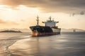 A tanker ship being loaded with oil. Tanker ship in the foreground and the drilling rig in the background. Generative AI