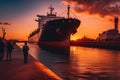 tanker ship unloading crude oil at a busy port during a vibrant sunset, Generative AI