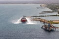 Tanker supporting with the supply of water for the extinction of the fire at the supertanker base