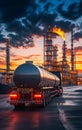 A tanker for the transport of gas or oil with an industrial refining plant in the background