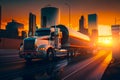 Tanker truck on the big highway city, at sunset on the road. Generative AI