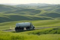 tanker truck driving past green rolling hills Royalty Free Stock Photo
