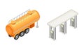 Tanker truck and gas station isometric vector illustration