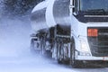 Tanker Truck Hauls Diesel Fuel in Snowfall, Detail