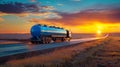 A tanker truck laden with fuel barrels cruises down the freeway during a picturesque sunset, casting a long shadow on the road Royalty Free Stock Photo