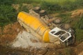 Tanker truck stuck in river pit, India