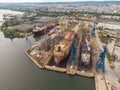 Tanker vessel repair in dry dock Shipyard, aerial view Royalty Free Stock Photo