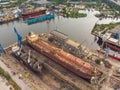 Tanker vessel repair in dry dock Shipyard, aerial view Royalty Free Stock Photo