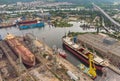 Tanker vessel repair in dry dock Shipyard, aerial view Royalty Free Stock Photo