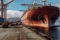 tanker waits for unloading oil at ship port, workers in motion, partly cloudy skies in late morning, Generative AI