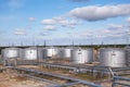 Tanks with oil for further transportation of oil through pipes at an oil refinery and oil pumping station