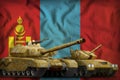 Mongolia tank forces concept on the national flag background. 3d Illustration