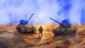 tanks and soldiers, painted in the Ukrainian flag, painting on the theme of world conflicts and wars made in watercolor