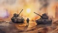 tanks and soldiers, painting on the theme of world conflicts and wars made in watercolor