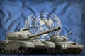 United Nations tank forces concept on the national flag background. 3d Illustration