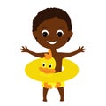 A tanned African or African American boy in a joyful mood spread his arms wide. The child is dressed in shorts.