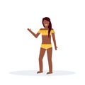 Tanned bikini woman standing in swimsuit happy girl summer vacation concept female cartoon character full length flat