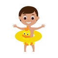 A tanned boy in a joyful mood spread his arms wide. The child is dressed in shorts and an yellow rubber ring.