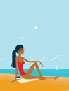 Tanned brunette in a red bathing suit sits on the sand. Sultry noon on the beach. Seagull, sailboat and clouds Royalty Free Stock Photo