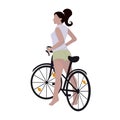 Tanned girl with black hair on a bicycle isolated on white background