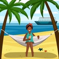 Tanned girl on hammock with cocktail illustration. Young girl enjoys relaxing on tropical yellow beach overlooking blue