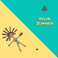 Tanned girl lies in a bikini on the sea beach.The inscription Hello summer.Vector illustration in cartoon style.for