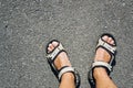 Tanned male legs in hiking sandals on the asphalt on a sunny day. Royalty Free Stock Photo