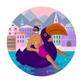 Tanned sexy guy is drinking cocktail while sitting in swimming circle in form of bird toucan. Round vector illustration