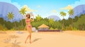 Tanned Woman In Bikini On Beach, Girl Wear Hat On Summer Sea Vacation Royalty Free Stock Photo