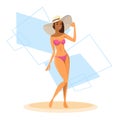 Tanned Woman In Bikini, Long Leg Girl Wear Hat Over Abstract Background