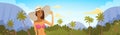 Tanned Woman In Bikini Over Tropical Forest Background, Girl Wear Hat On Summer Sea Vacation Royalty Free Stock Photo