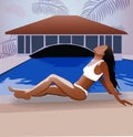 Tanned young girl relaxing on shore of the pool. Palm leaves
