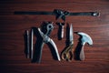 Tanner tools for leather goods on workshop. Working process of leather craftsman Royalty Free Stock Photo