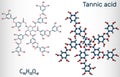 Tannic acid, tannin molecule. It type of polyphenol. Structural chemical formula and molecule model Royalty Free Stock Photo