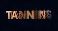 Tannins word in 3D rendering with gradient colors of brown orange and green on black background slightly tilted Royalty Free Stock Photo