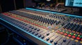 Professional audio mixing board with colorful buttons and sliders in a recording studio Royalty Free Stock Photo