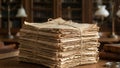 A large stack of old, worn, and yellowed papers tied with a string on a table indoors Royalty Free Stock Photo