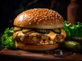 Chicken cheese burger on the wooden table over dark background Royalty Free Stock Photo