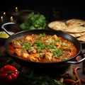 Tantalizing chicken curry with aromatic spices, prepared in a wooden pan