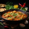 Tantalizing chicken curry with aromatic spices, prepared in a wooden pan