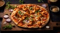 Chicken tikka masala pizza - crispy crust topped with tomato sauce, chicken, and Indian spices Royalty Free Stock Photo