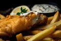 tantalizing close-up of a flaky piece of white fish surrounded by golden-brown fries and served with a dollop of homemade tartar Royalty Free Stock Photo